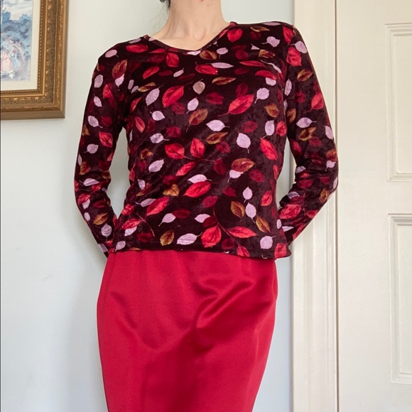 Long sleeve V neck velvety Fall Leaf print top M - Picture 2 of 5